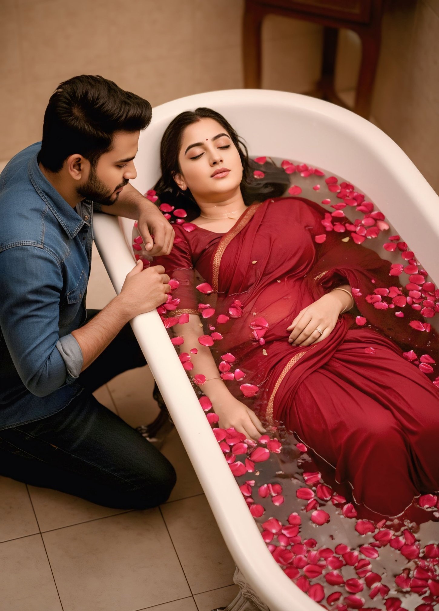 Emotional Rose Bath Couple Portrait