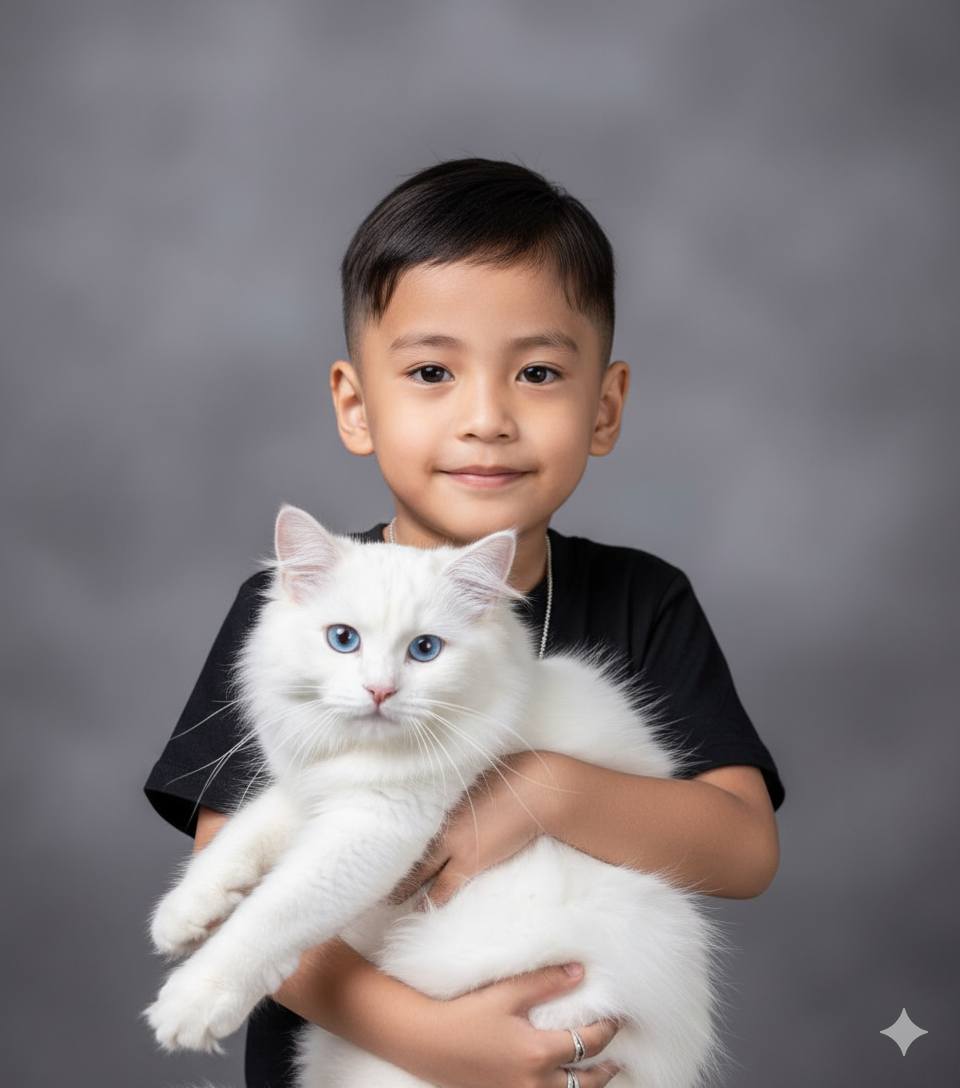 Cute Boy With White Cat Portrait