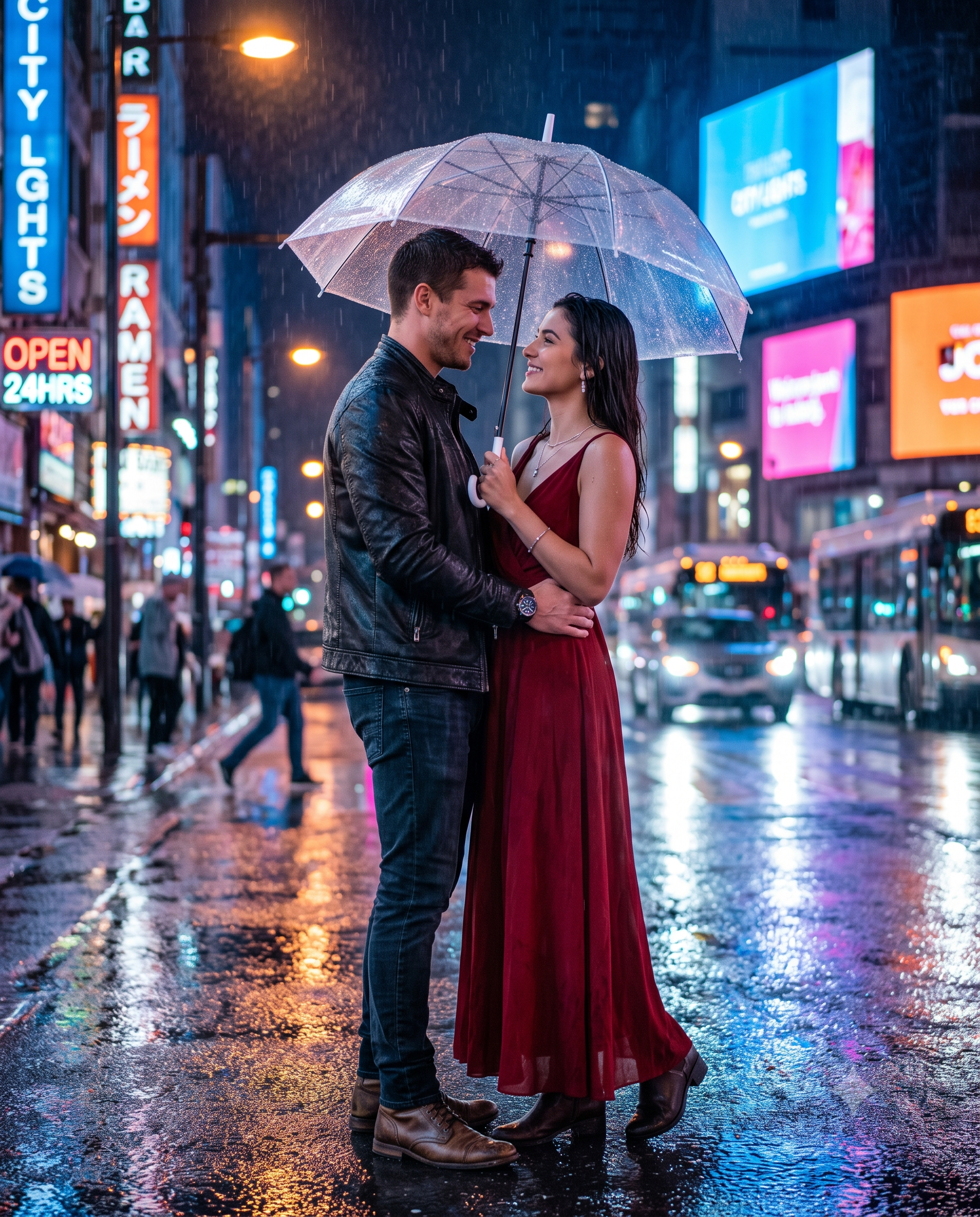 Rain Kiss Under Neon Lights AI Photo Prompt